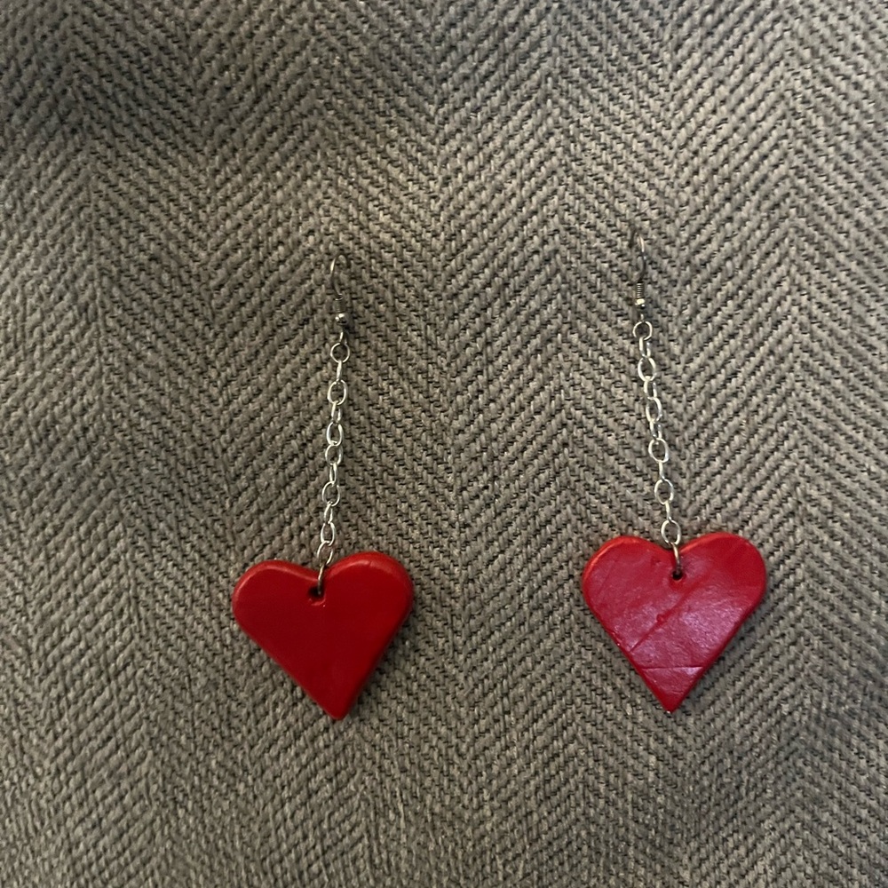 Handmade Red Heart Dangle Earrings with Silver Tone. One of a Kind!